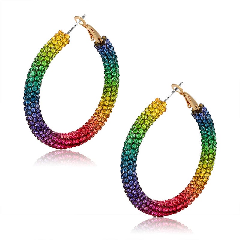 Boderier Hoop Earrings for Women Bohemian Rainbow Sparkle Pave Resin Rhinestone Wrapped Hoop Earrings Fashion Jewelry (Rainbow) - Image 1